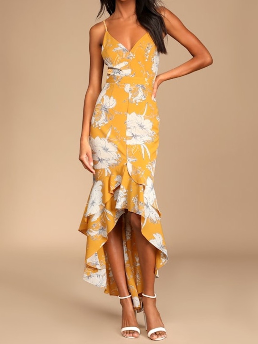 NWT Lulus Darling Daylily Mustard Yellow Floral Print High-Low Maxi Dress L